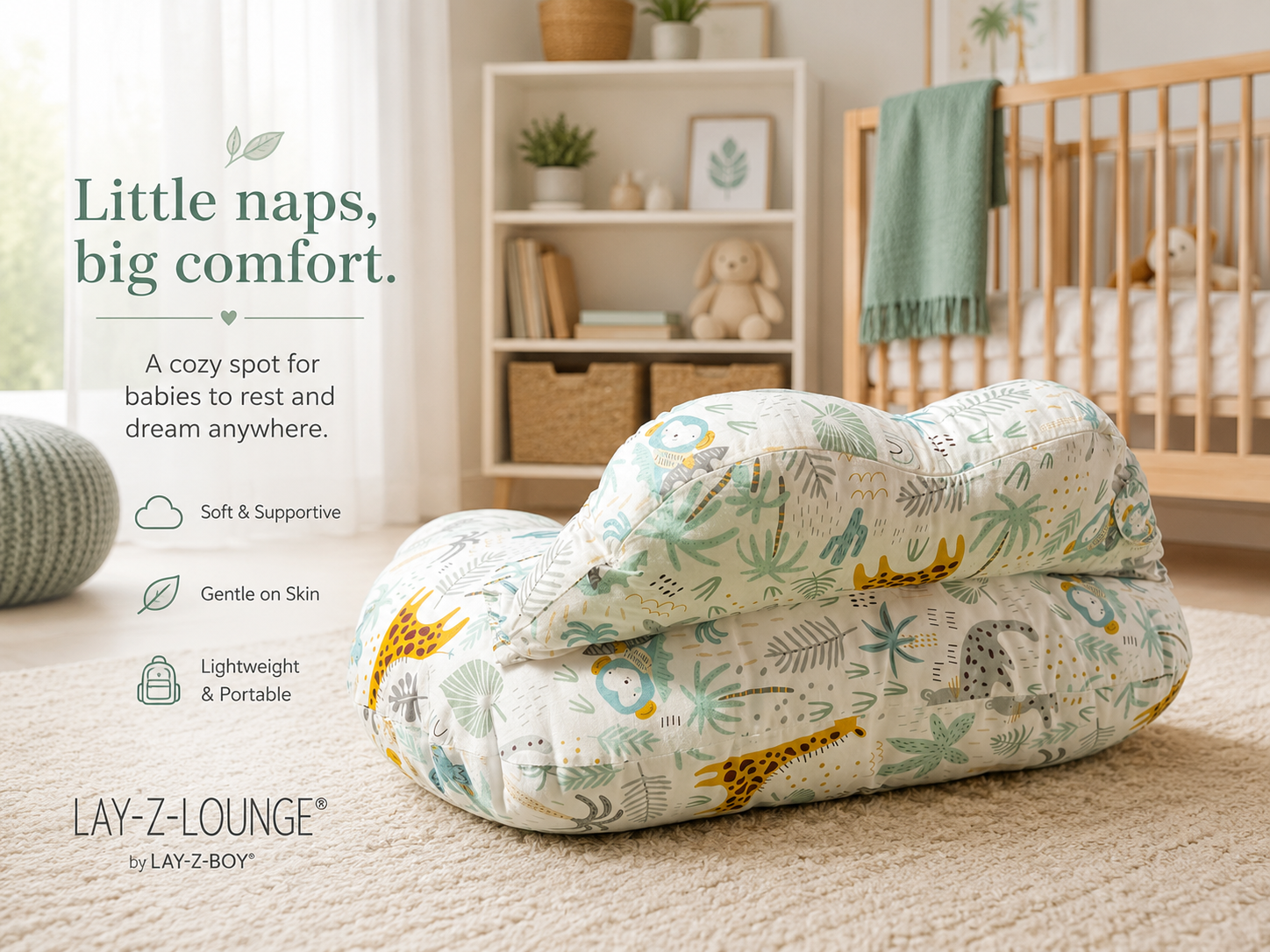 Nursing Pillow with Head Support & Removable Cover Baby Feeding Cushion - Safari