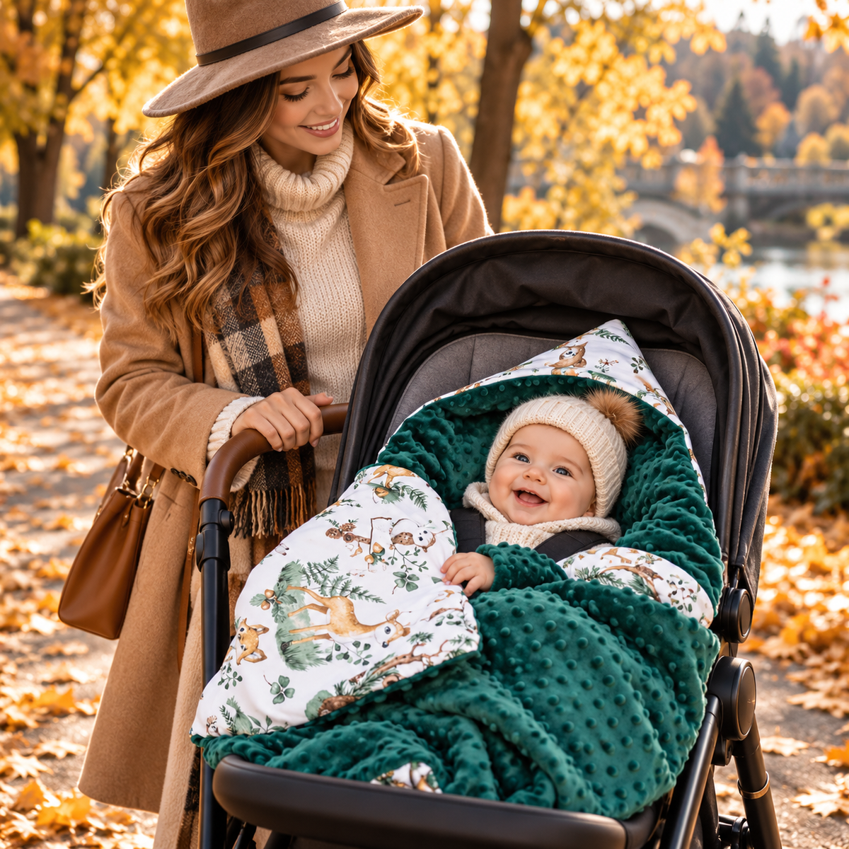 Baby Car Seat Hooded Blanket Double-sided Snuggle Swaddle Wrap Green / Animals in the Forest