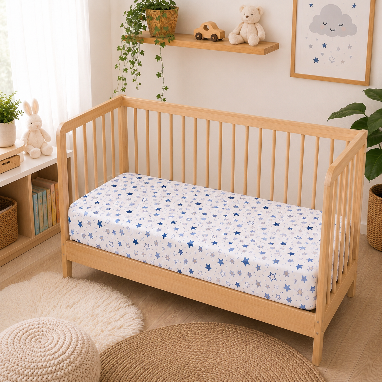 BABYMAM Baby Cot Bed Fitted Sheet 120x60 cm 100% Cotton, Soft Breathable Printed Fitted Sheet for Baby Cot Mattress (Blue Milky Way)