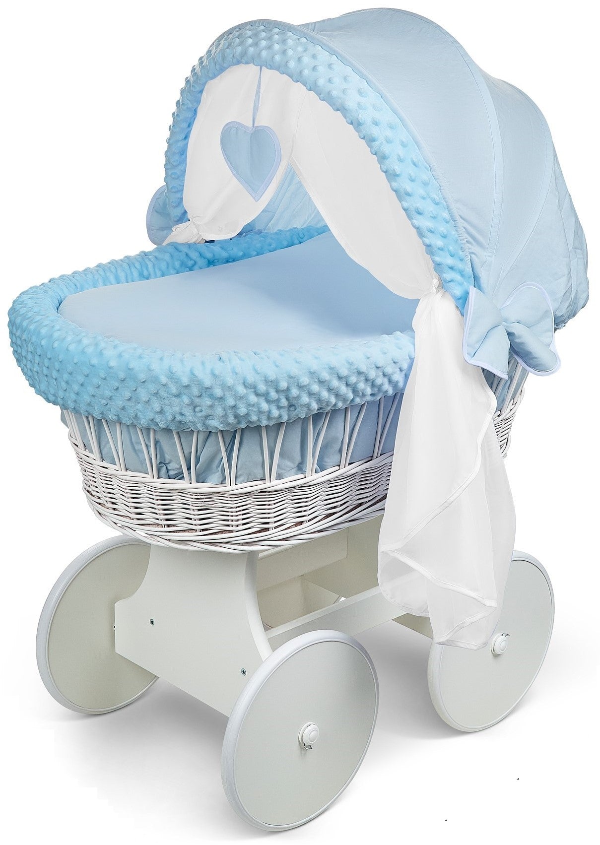 White Wicker Wheels Crib/Baby Moses Basket + Complete Bedding Blue/Dimple - MyHappy Baby