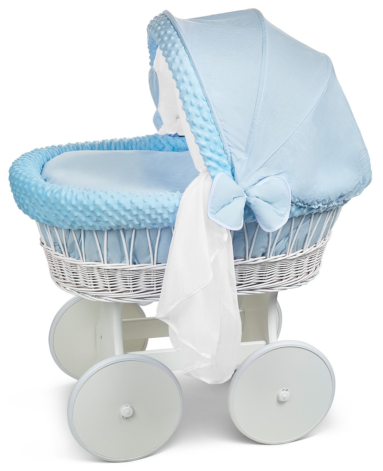 White Wicker Wheels Crib/Baby Moses Basket + Complete Bedding Blue/Dimple - MyHappy Baby
