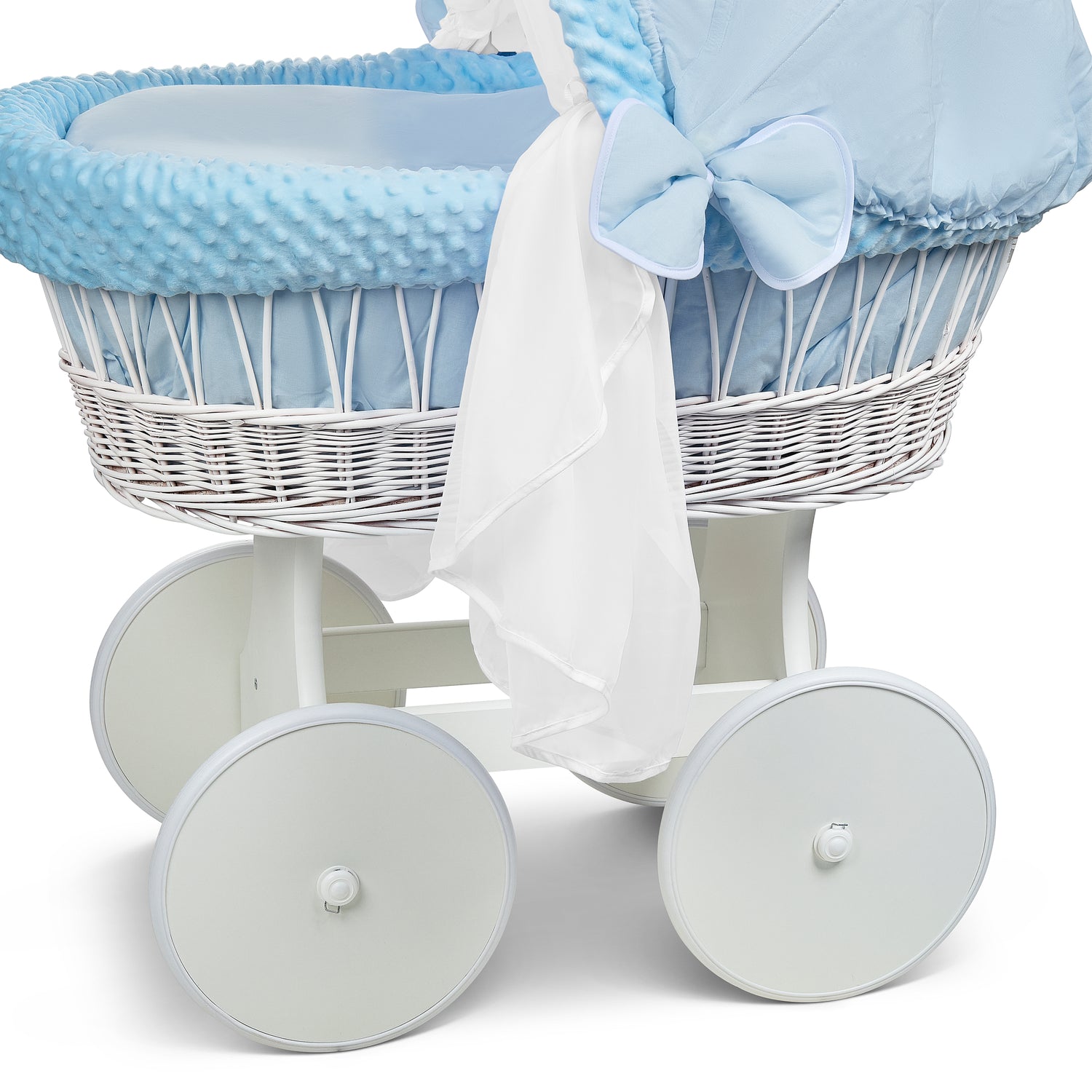 White Wicker Wheels Crib/Baby Moses Basket + Complete Bedding Blue/Dimple - MyHappy Baby