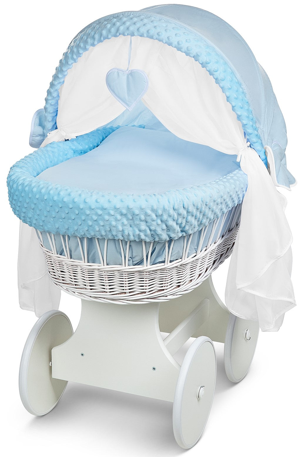 White Wicker Wheels Crib/Baby Moses Basket + Complete Bedding Blue/Dimple - MyHappy Baby
