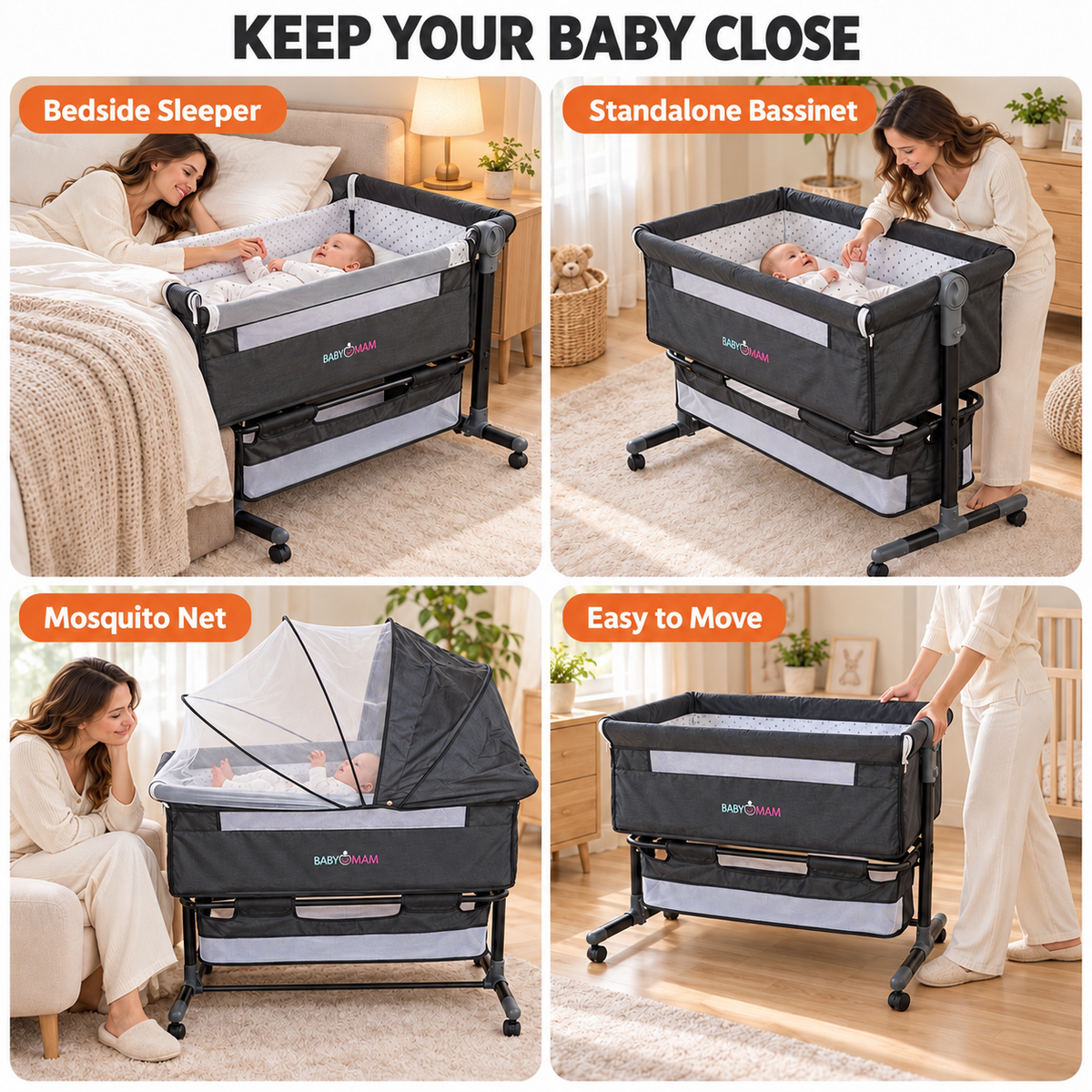 BABYMAM Milo Folding Bedside Crib with Mattress, Mosquito Net & Storage Basket – Grey