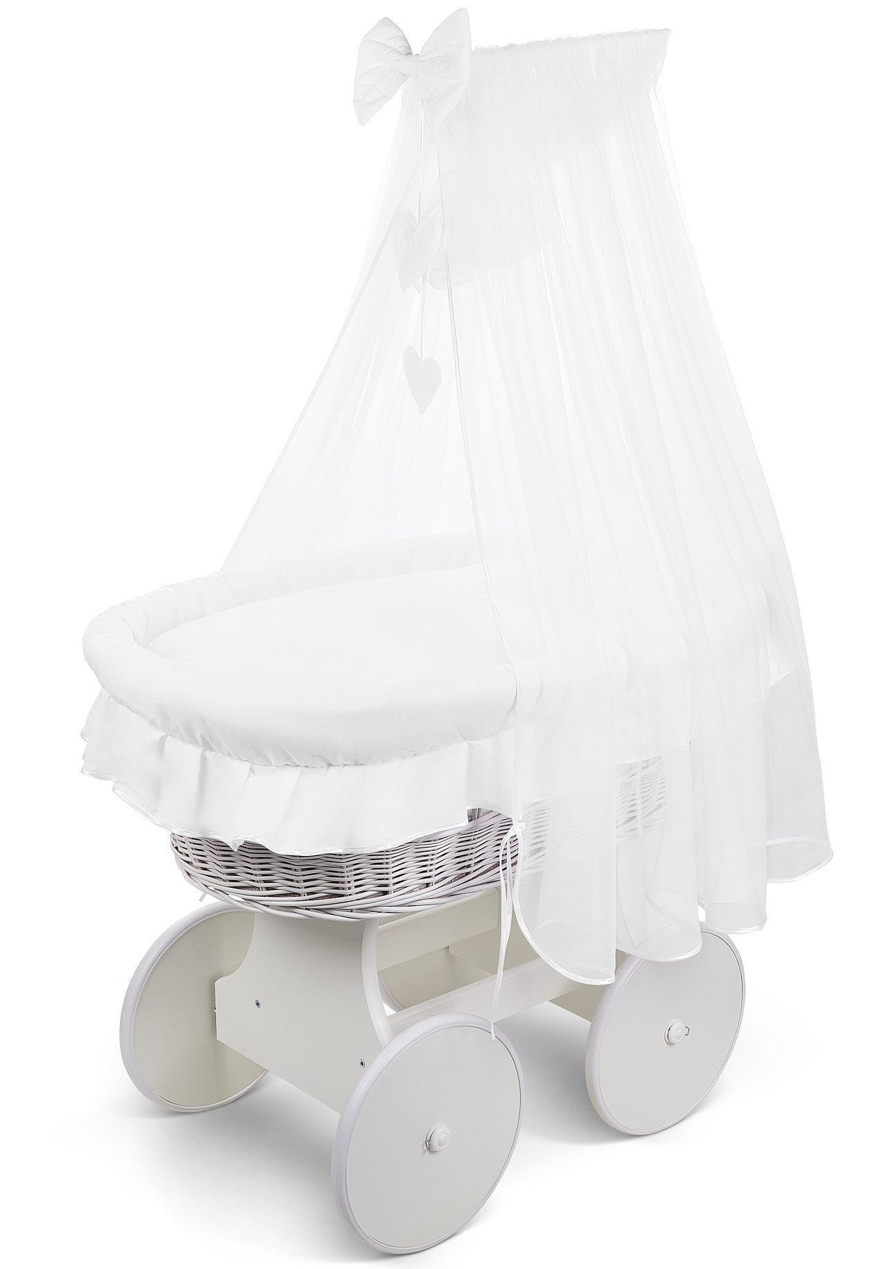 White Wicker Wheels Moses Basket +Full Bedding Set White Cotton