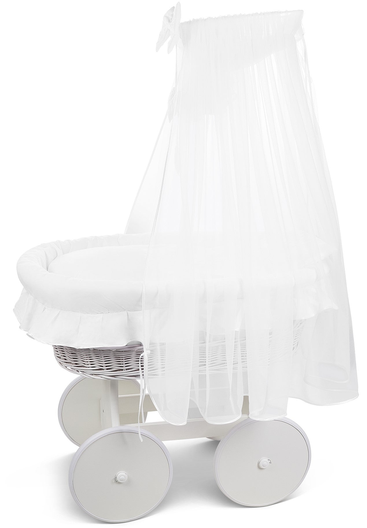 White Wicker Wheels Moses Basket +Full Bedding Set White Cotton