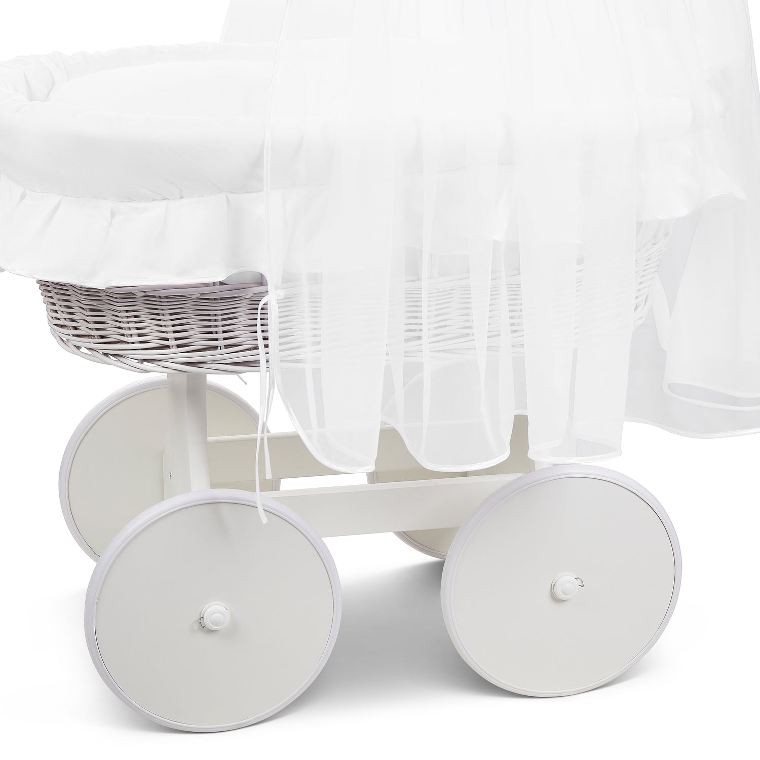 White Wicker Wheels Moses Basket +Full Bedding Set White Cotton
