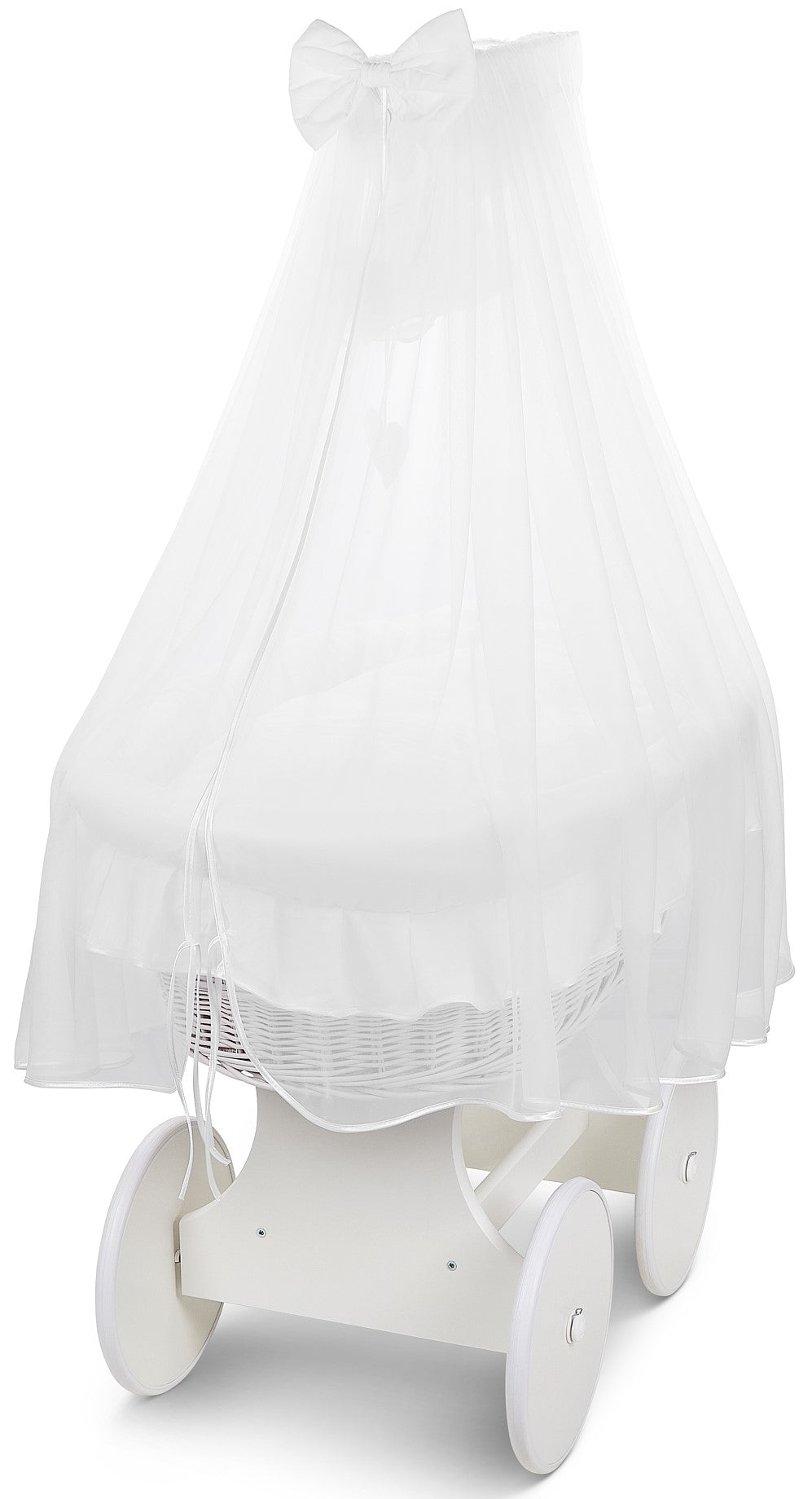 White Wicker Wheels Moses Basket +Full Bedding Set White Cotton