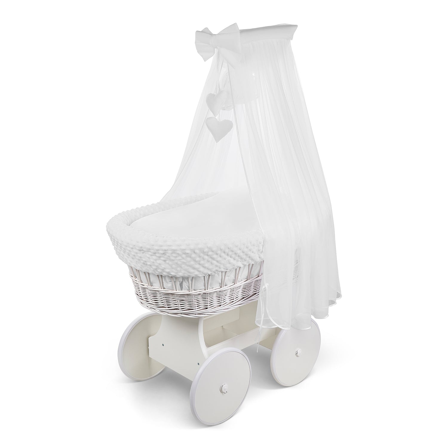 White Wicker Moses Basket with Wheels & White Dimple Bedding Set
