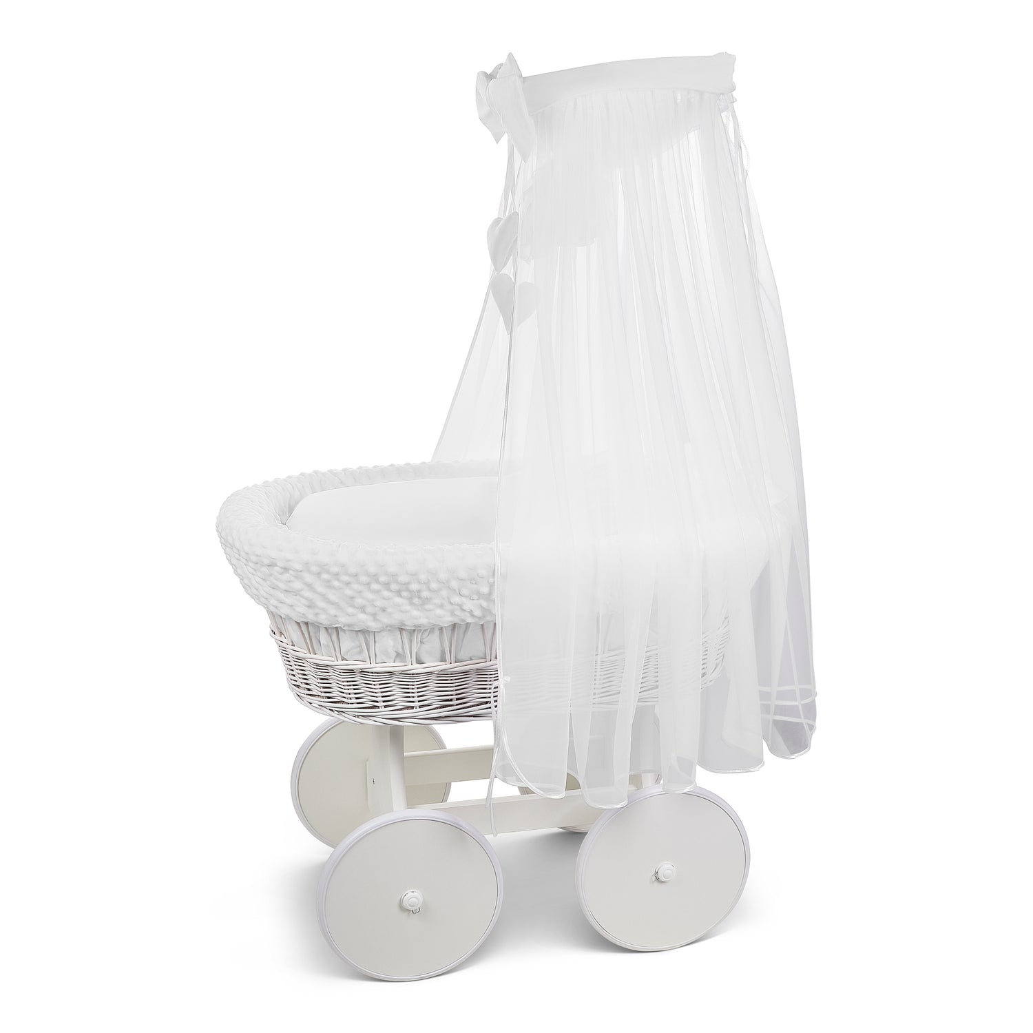 White Wicker Moses Basket with Wheels & White Dimple Bedding Set