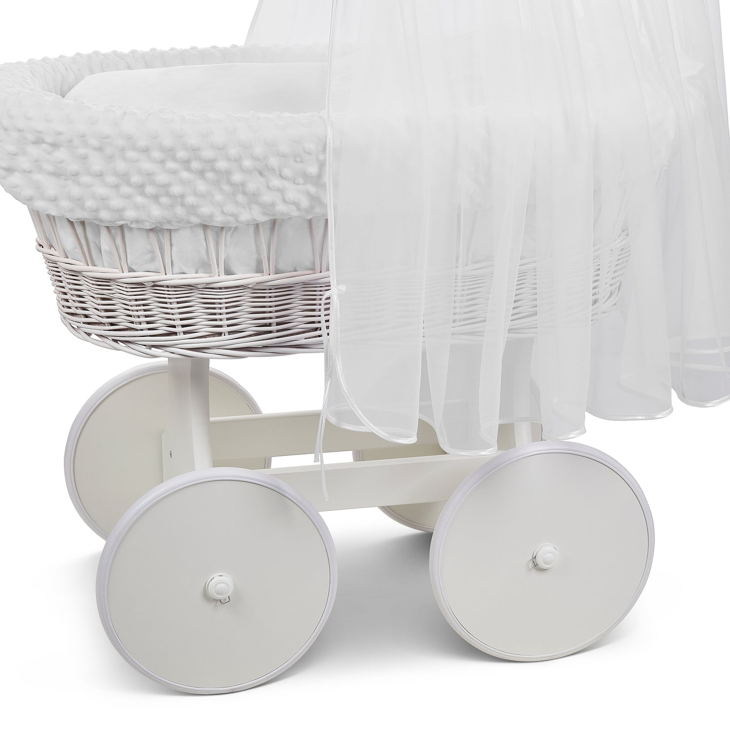 White Wicker Moses Basket with Wheels & White Dimple Bedding Set