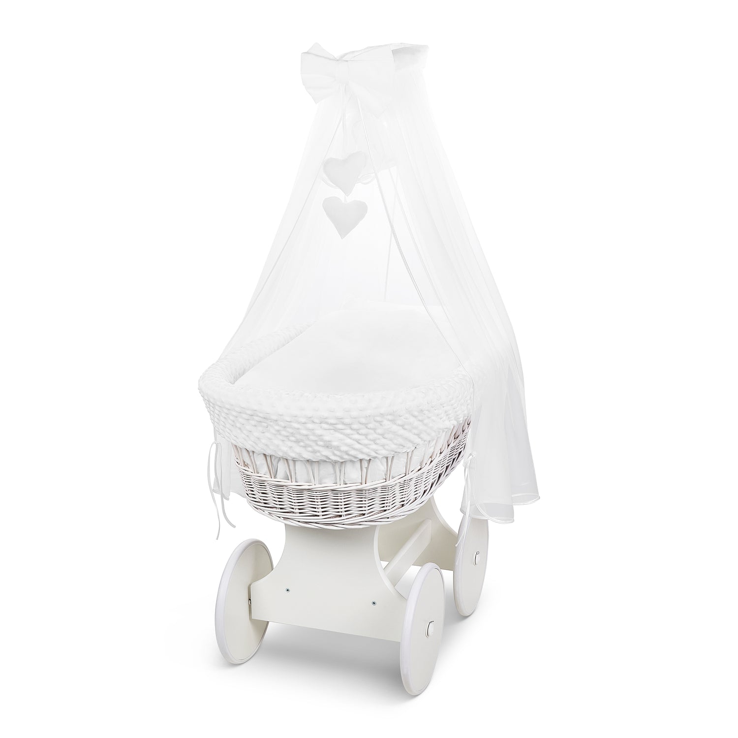 White Wicker Moses Basket with Wheels & White Dimple Bedding Set
