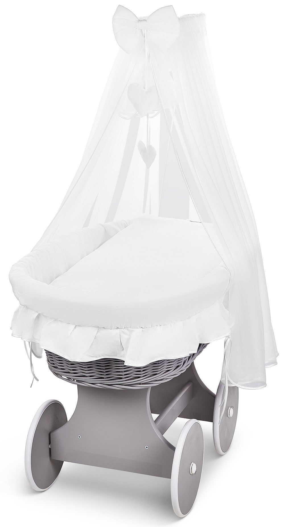 Grey Wicker Wheels Moses Basket Baby+Full Bedding Set White Cotton
