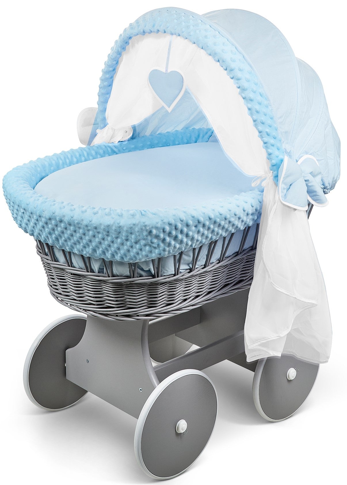 Grey Wicker Wheels Crib/Baby Moses Basket & Complete Bedding Blue/Dimple