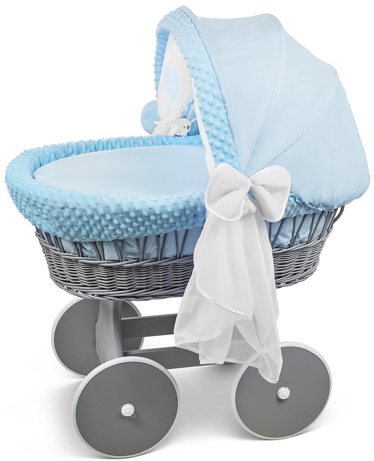 Grey Wicker Wheels Crib/Baby Moses Basket & Complete Bedding Blue/Dimple