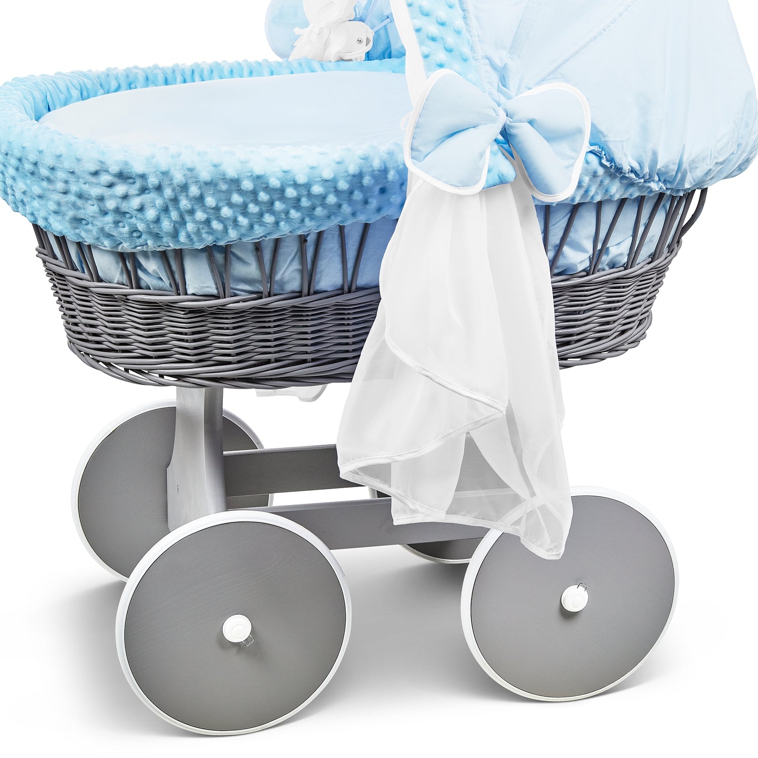 Grey Wicker Wheels Crib/Baby Moses Basket & Complete Bedding Blue/Dimple