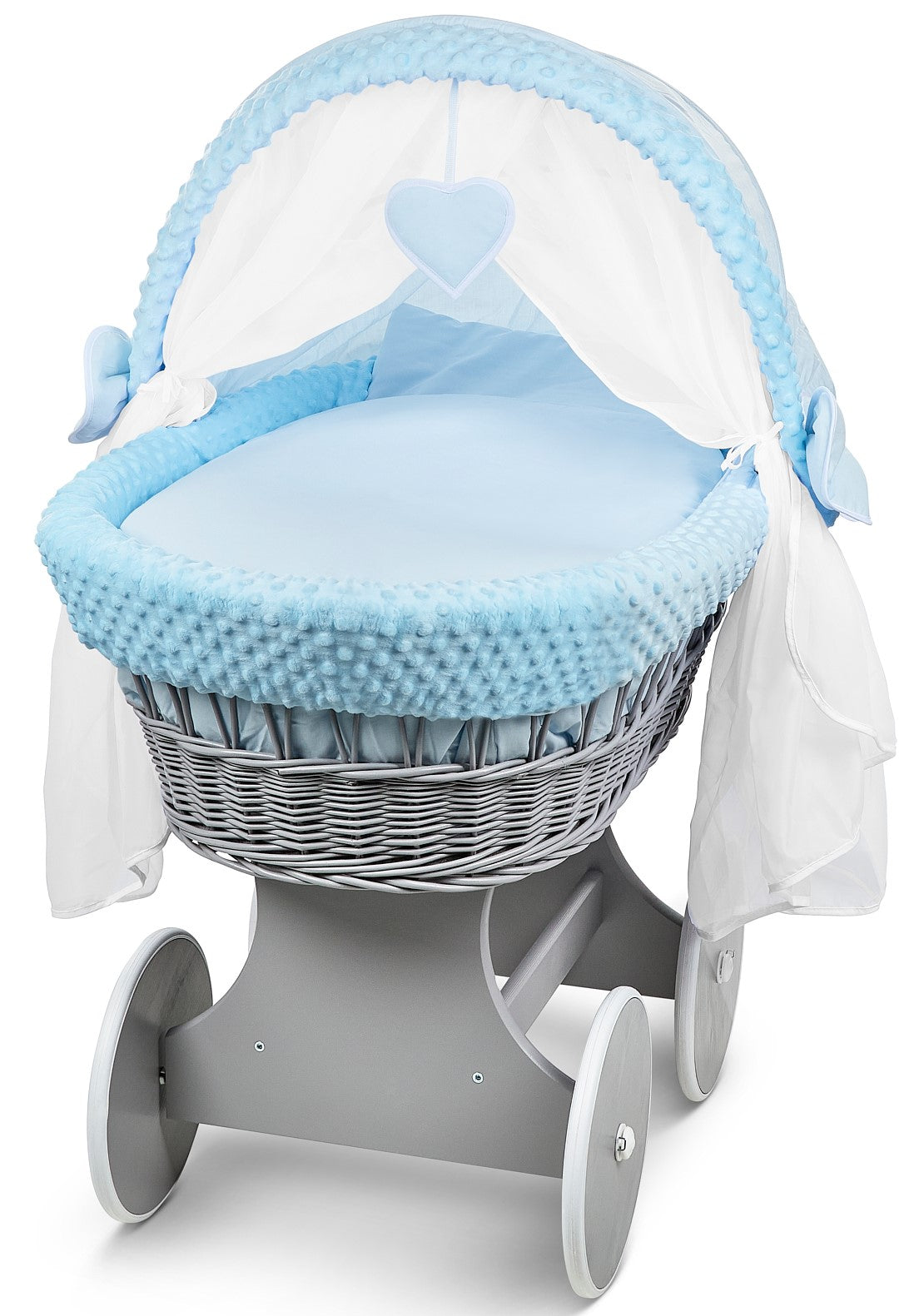 Grey Wicker Wheels Crib/Baby Moses Basket & Complete Bedding Blue/Dimple