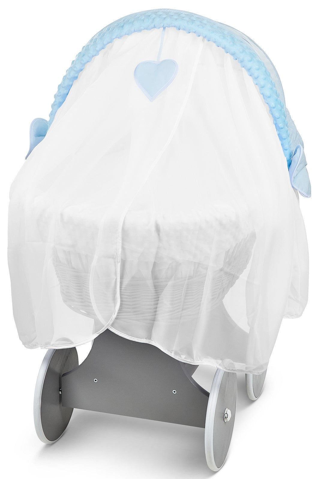 Grey Wicker Wheels Crib/Baby Moses Basket & Complete Bedding Blue/Dimple