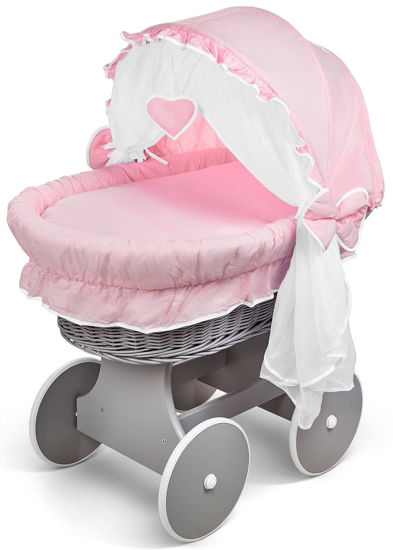 Grey Wicker Wheels Crib/Baby Moses Basket & Complete Bedding Pink - 100% Cotton - MyHappy Baby