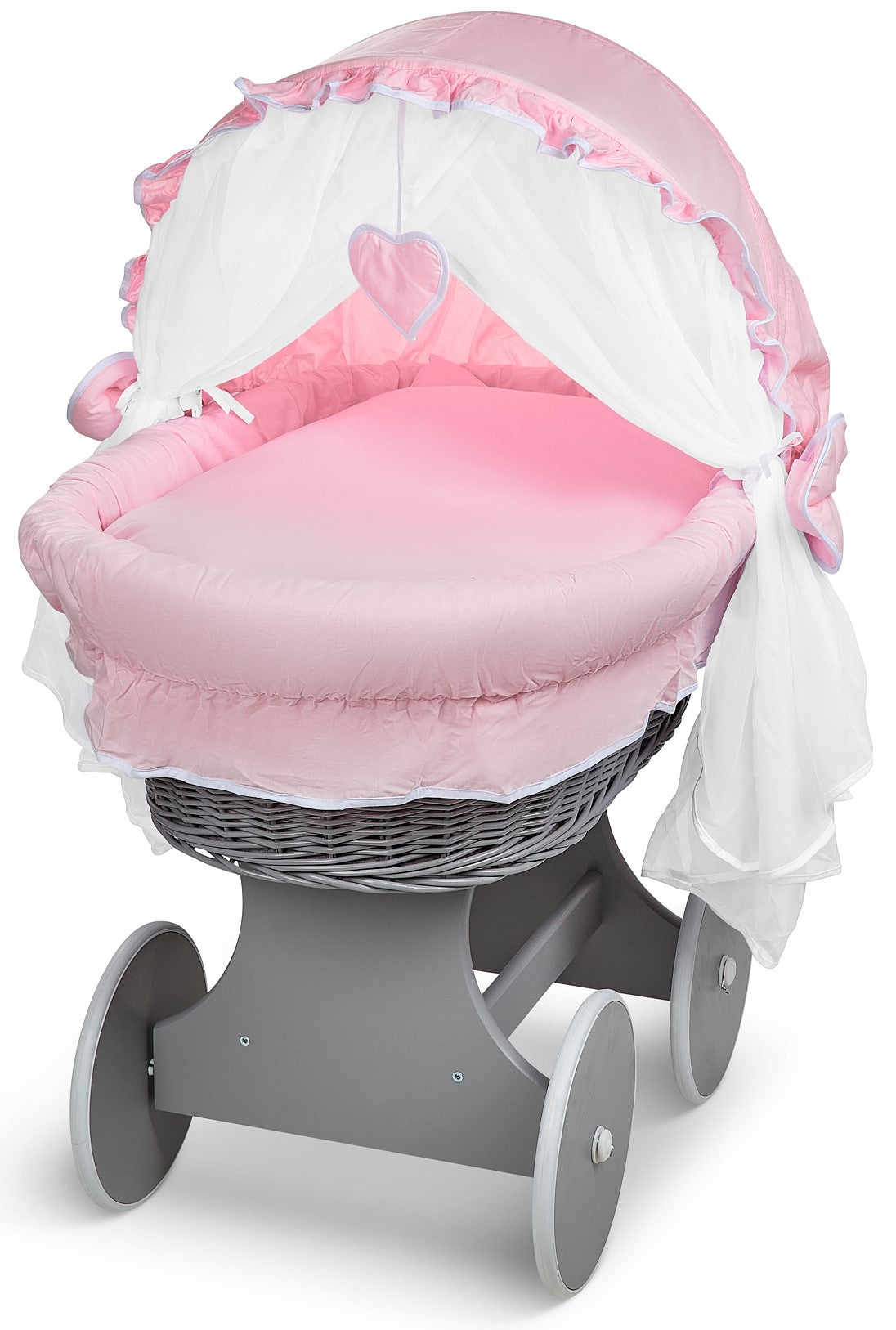 Grey Wicker Wheels Crib/Baby Moses Basket & Complete Bedding Pink - 100% Cotton - MyHappy Baby