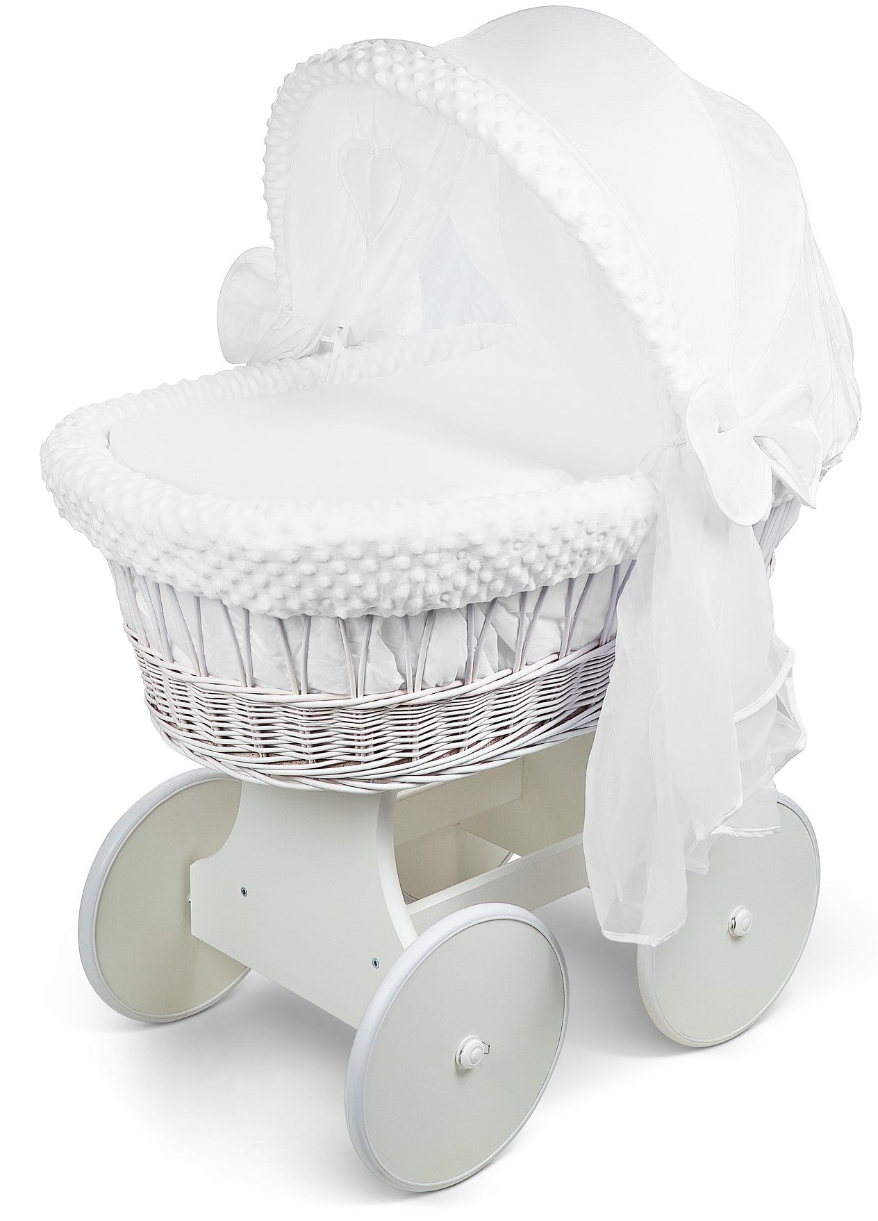 White Wicker Wheels Crib/Baby Moses Basket + Complete Bedding White/Dimple - MyHappy Baby