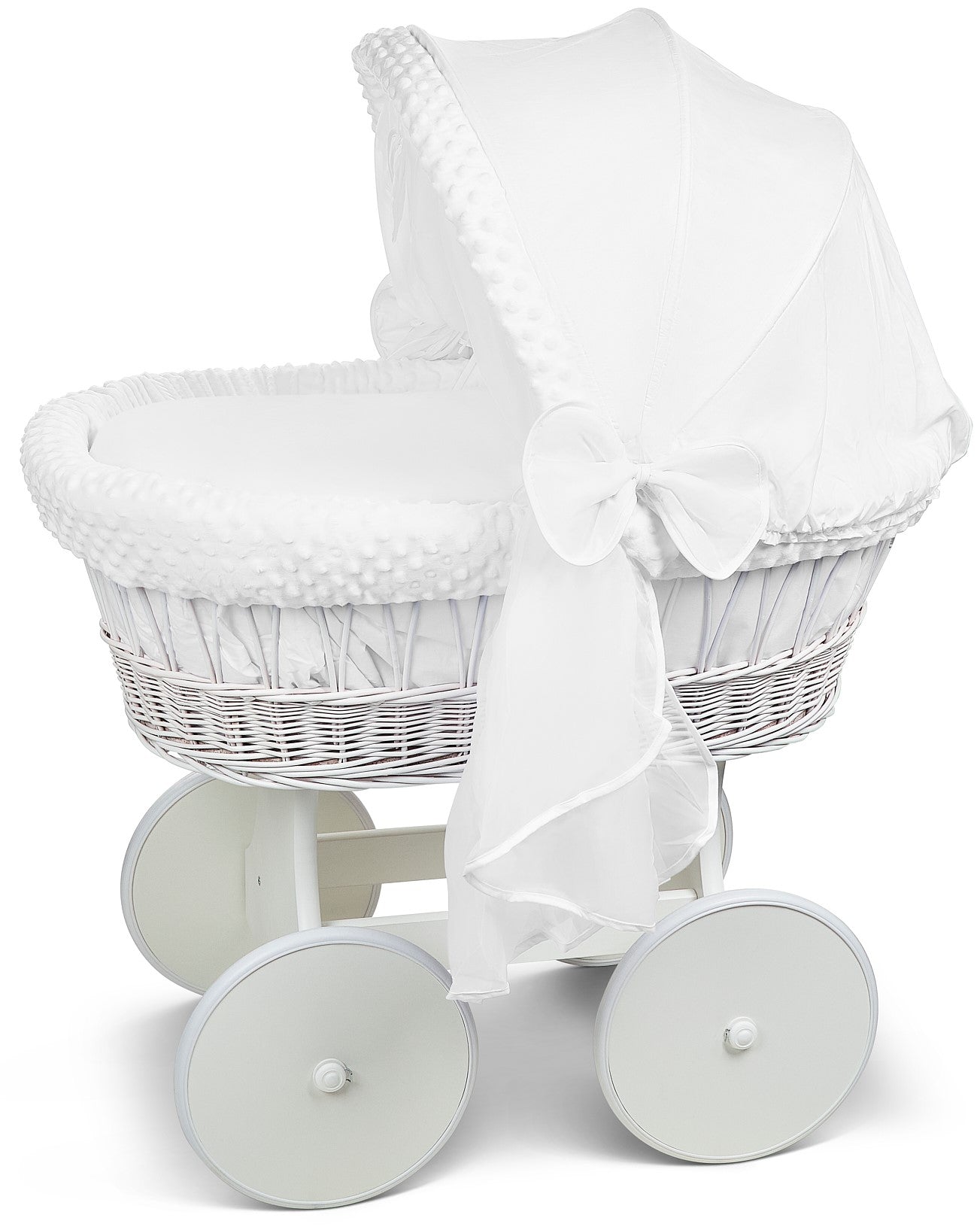 White Wicker Wheels Crib/Baby Moses Basket + Complete Bedding White/Dimple - MyHappy Baby
