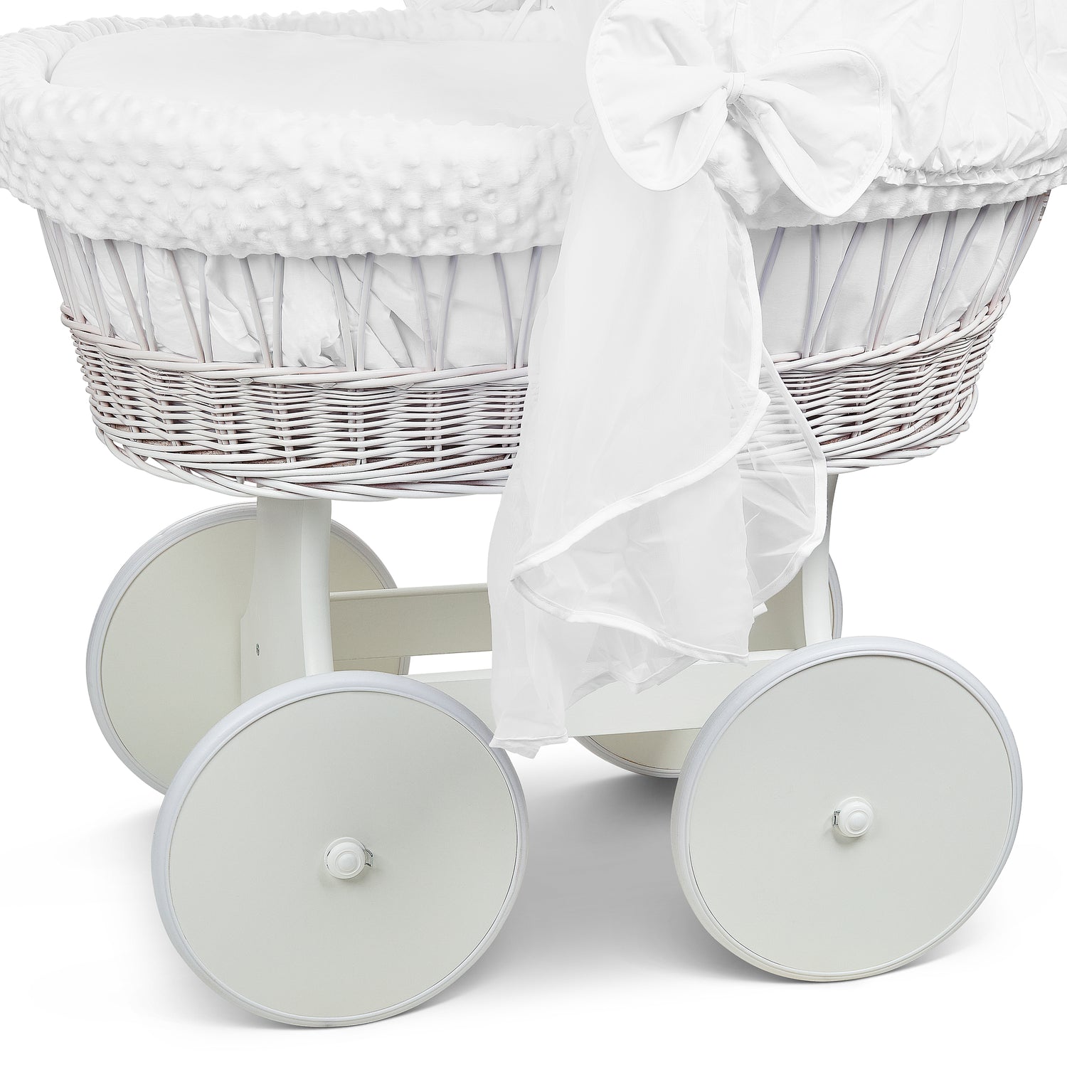 White Wicker Wheels Crib/Baby Moses Basket + Complete Bedding White/Dimple - MyHappy Baby