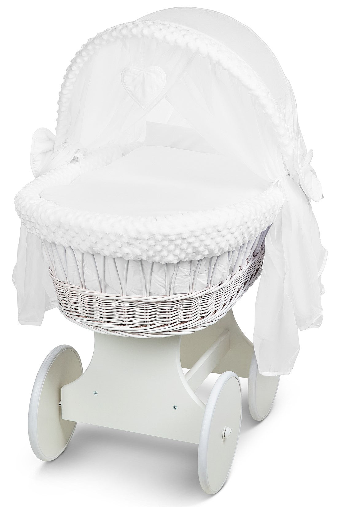 White Wicker Wheels Crib/Baby Moses Basket + Complete Bedding White/Dimple - MyHappy Baby