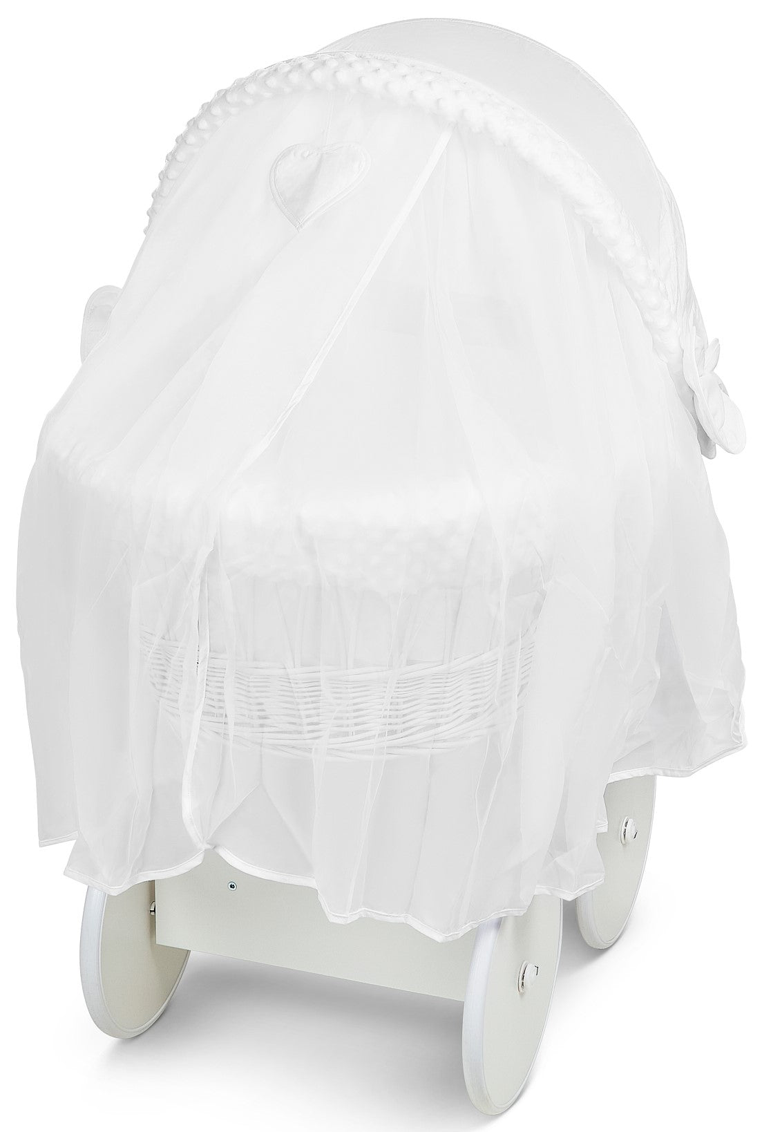 White Wicker Wheels Crib/Baby Moses Basket + Complete Bedding White/Dimple - MyHappy Baby