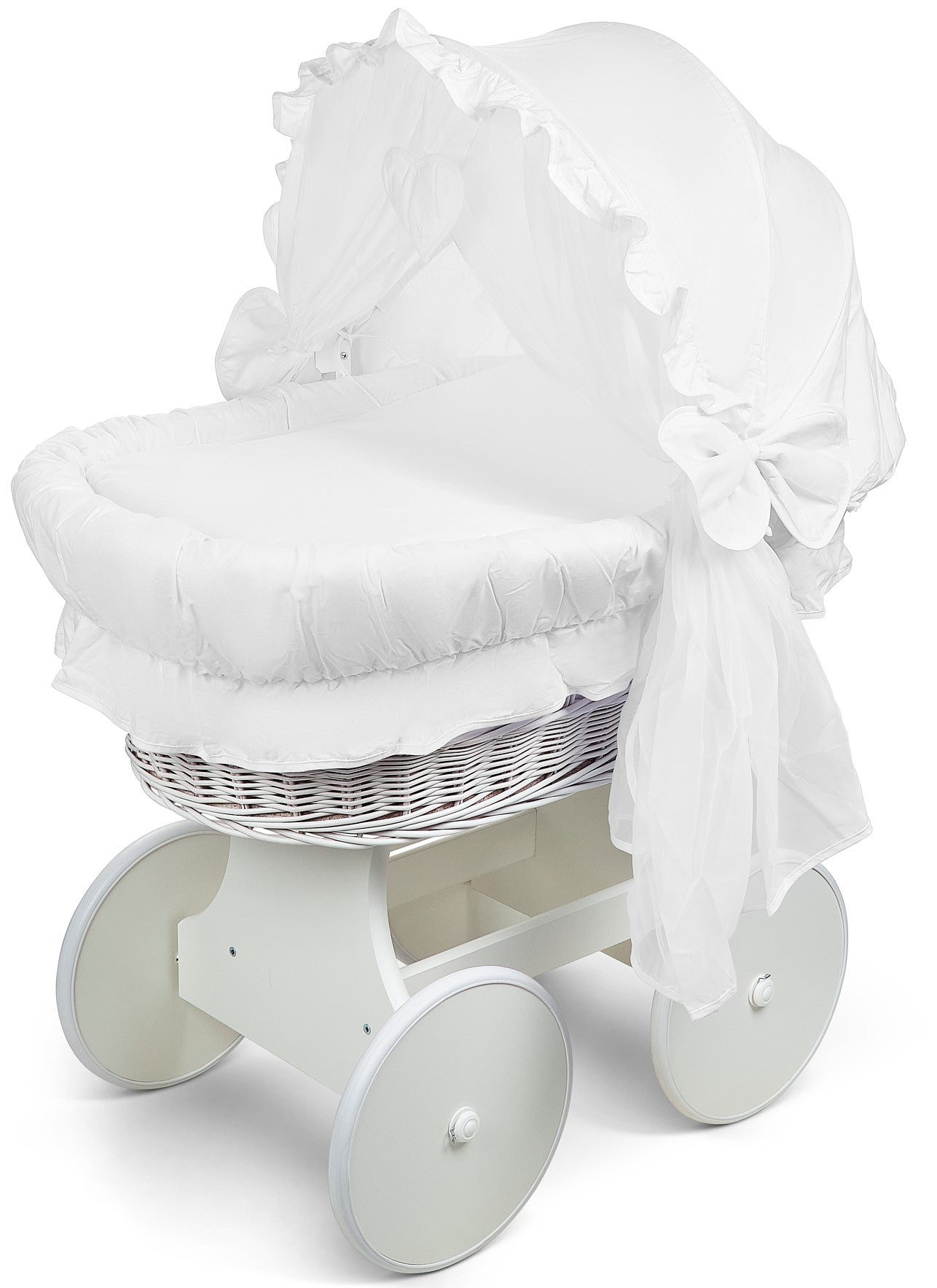 White Wicker Wheels Crib/Baby Moses Basket + Complete Bedding White/Cotton - MyHappy Baby