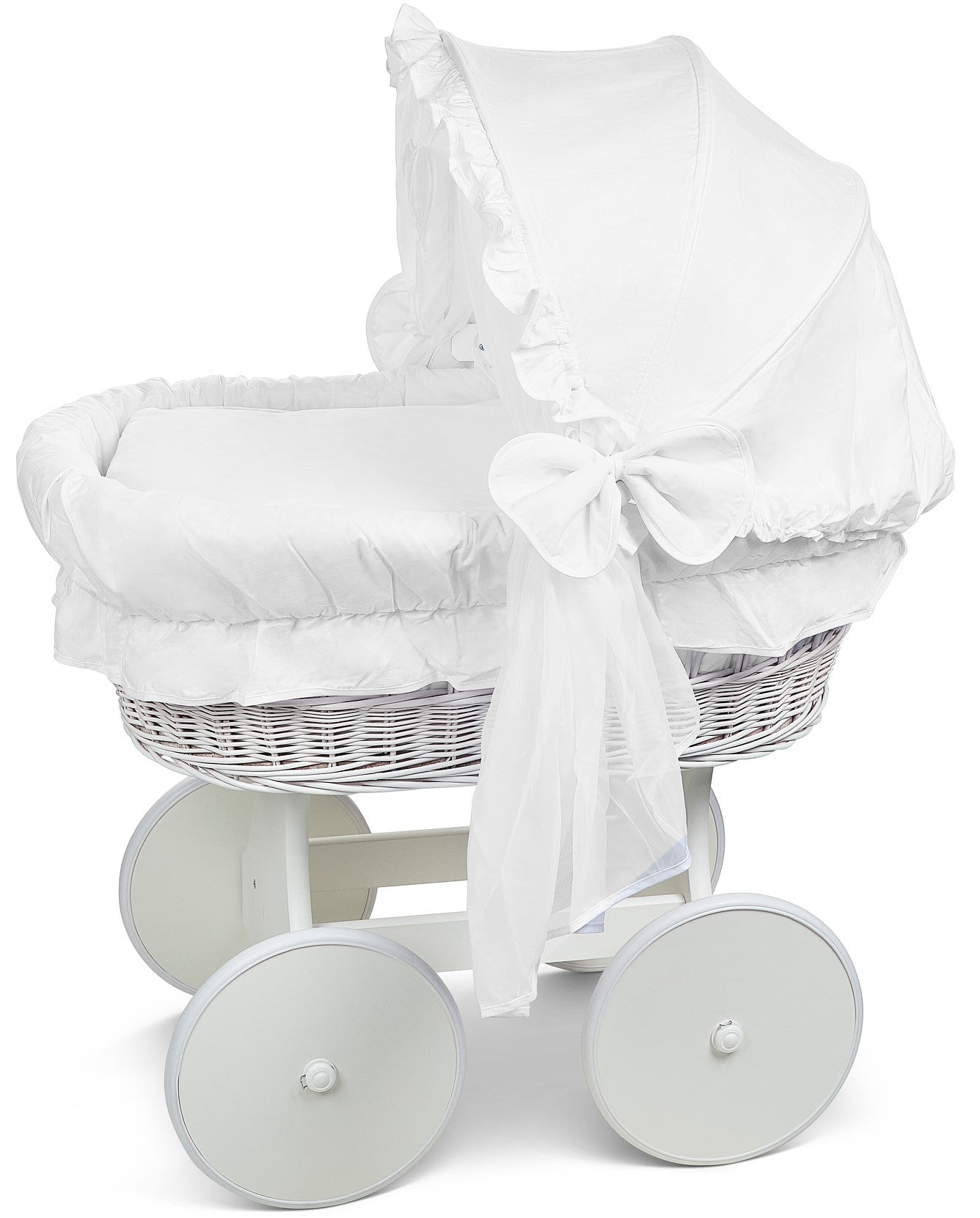 White Wicker Wheels Crib/Baby Moses Basket + Complete Bedding White/Cotton - MyHappy Baby