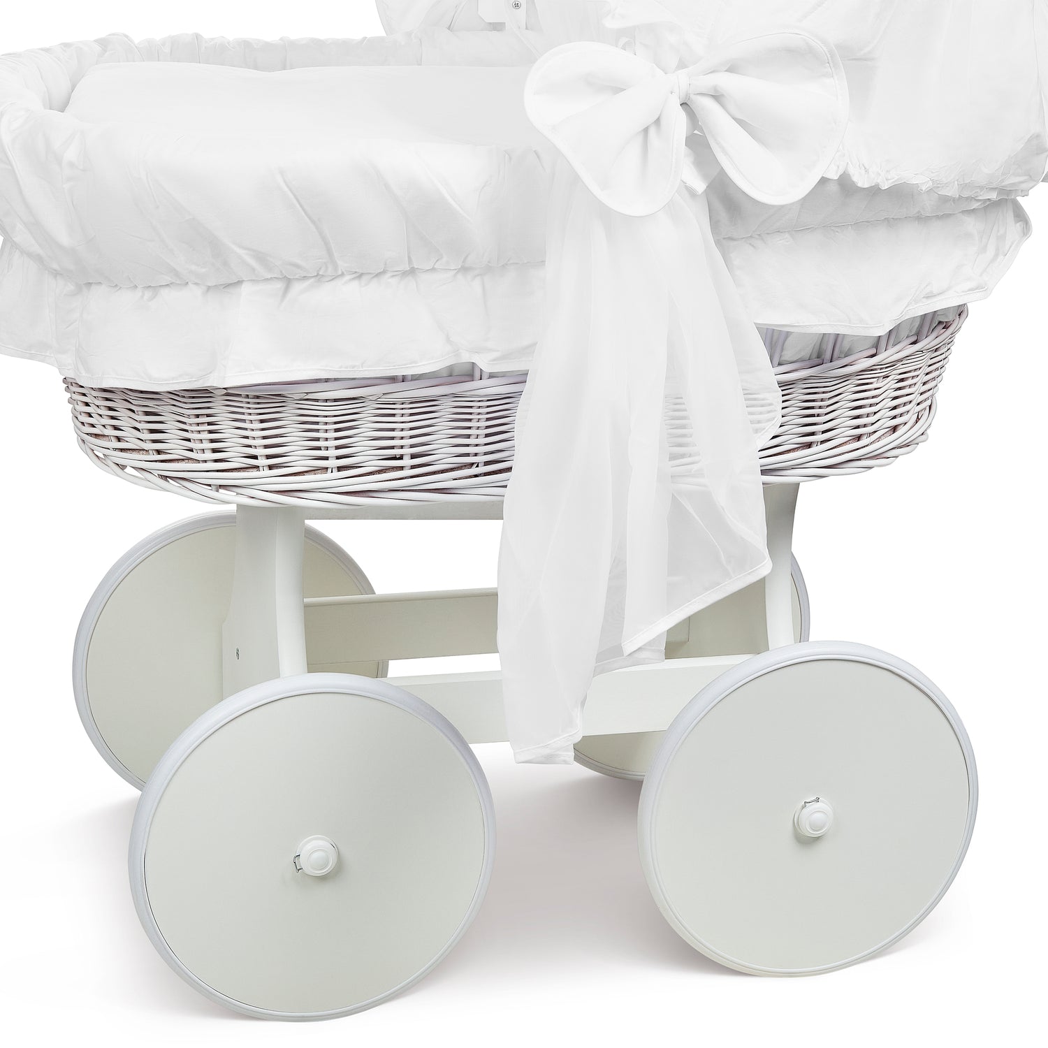 White Wicker Wheels Crib/Baby Moses Basket + Complete Bedding White/Cotton - MyHappy Baby