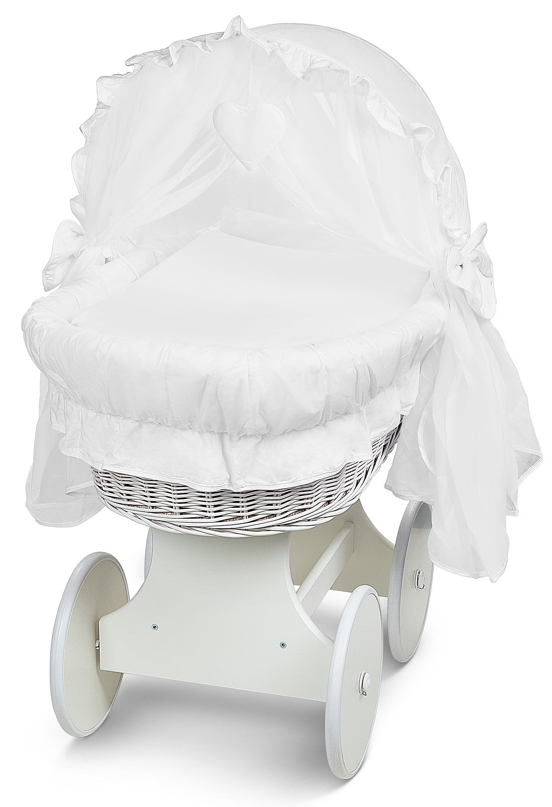 White Wicker Wheels Crib/Baby Moses Basket + Complete Bedding White/Cotton - MyHappy Baby