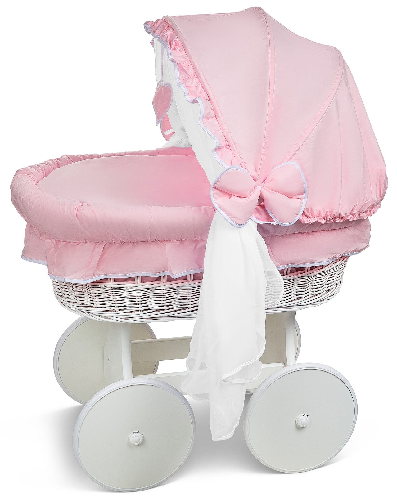 White Wicker Wheels Crib/Baby Moses Basket + Complete Bedding Pink/Cotton - MyHappy Baby