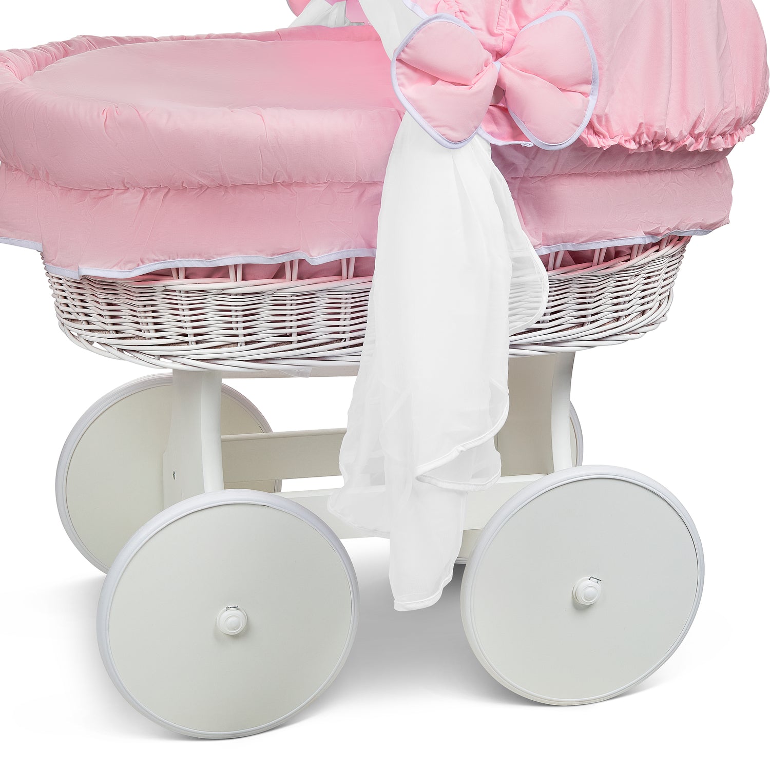 White Wicker Wheels Crib/Baby Moses Basket + Complete Bedding Pink/Cotton - MyHappy Baby