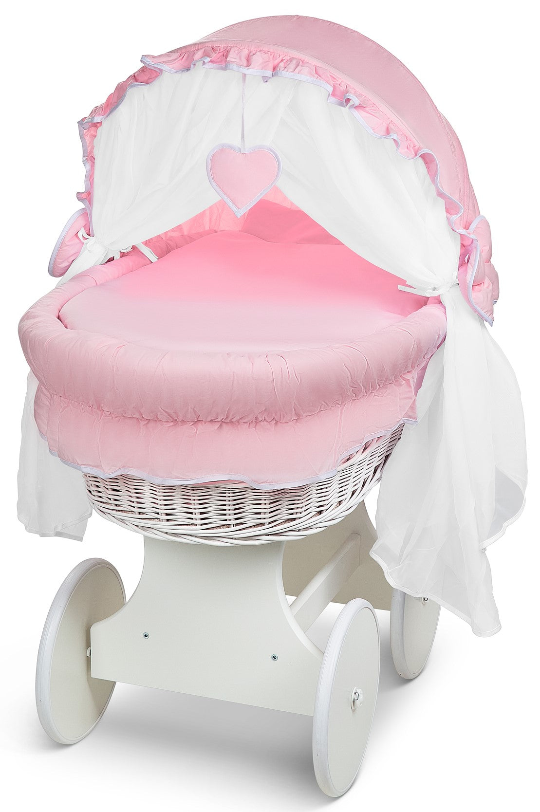 White Wicker Wheels Crib/Baby Moses Basket + Complete Bedding Pink/Cotton - MyHappy Baby