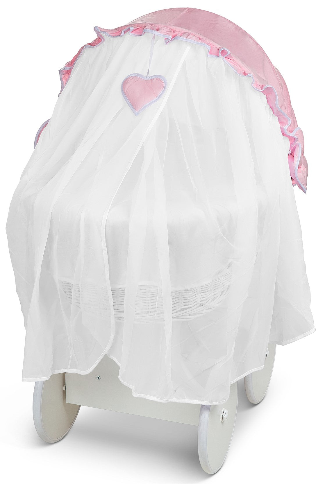 White Wicker Wheels Crib/Baby Moses Basket + Complete Bedding Pink/Cotton - MyHappy Baby