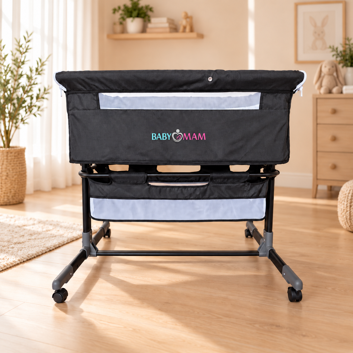 BABYMAM Milo Folding Bedside Crib with Mattress, Mosquito Net & Storage Basket – Grey