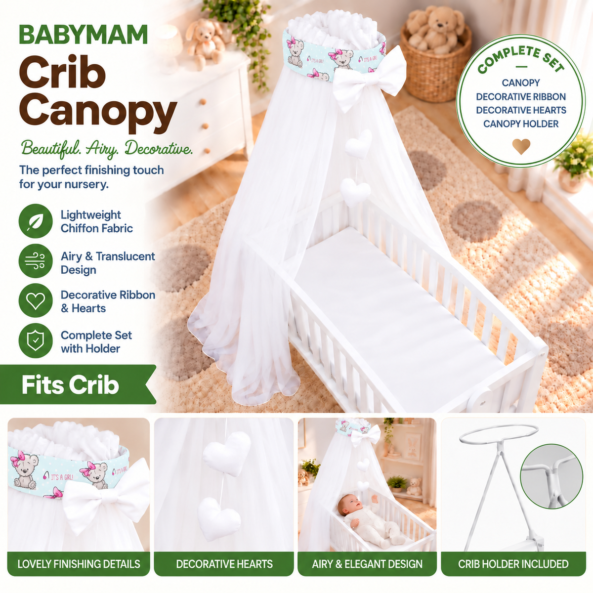 Baby Crib Canopy Mosquito Net with Holder, Decorative Bow & Hanging Hearts – Teddy Girl Mint