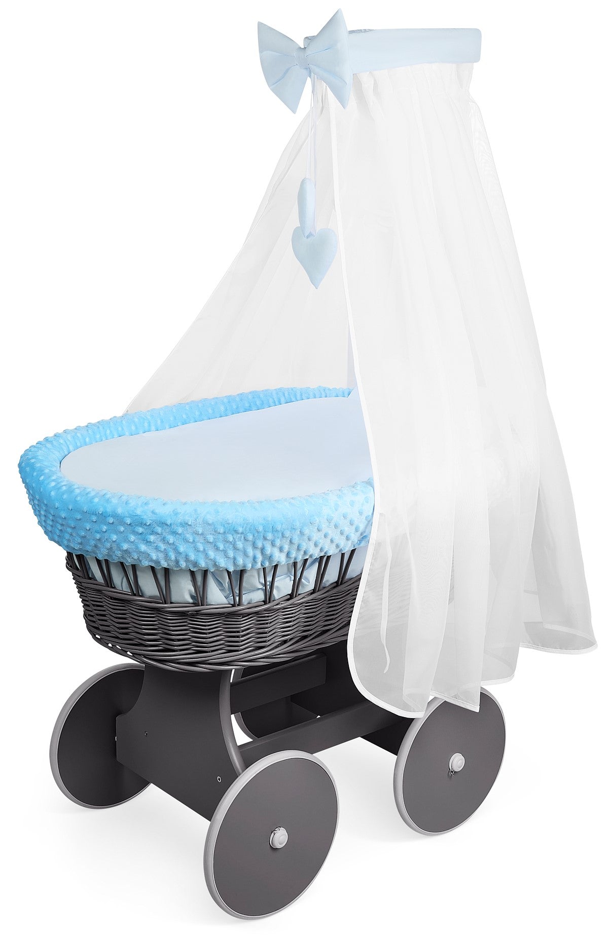 Wicker Grey Wheels Moses Basket Baby Blue