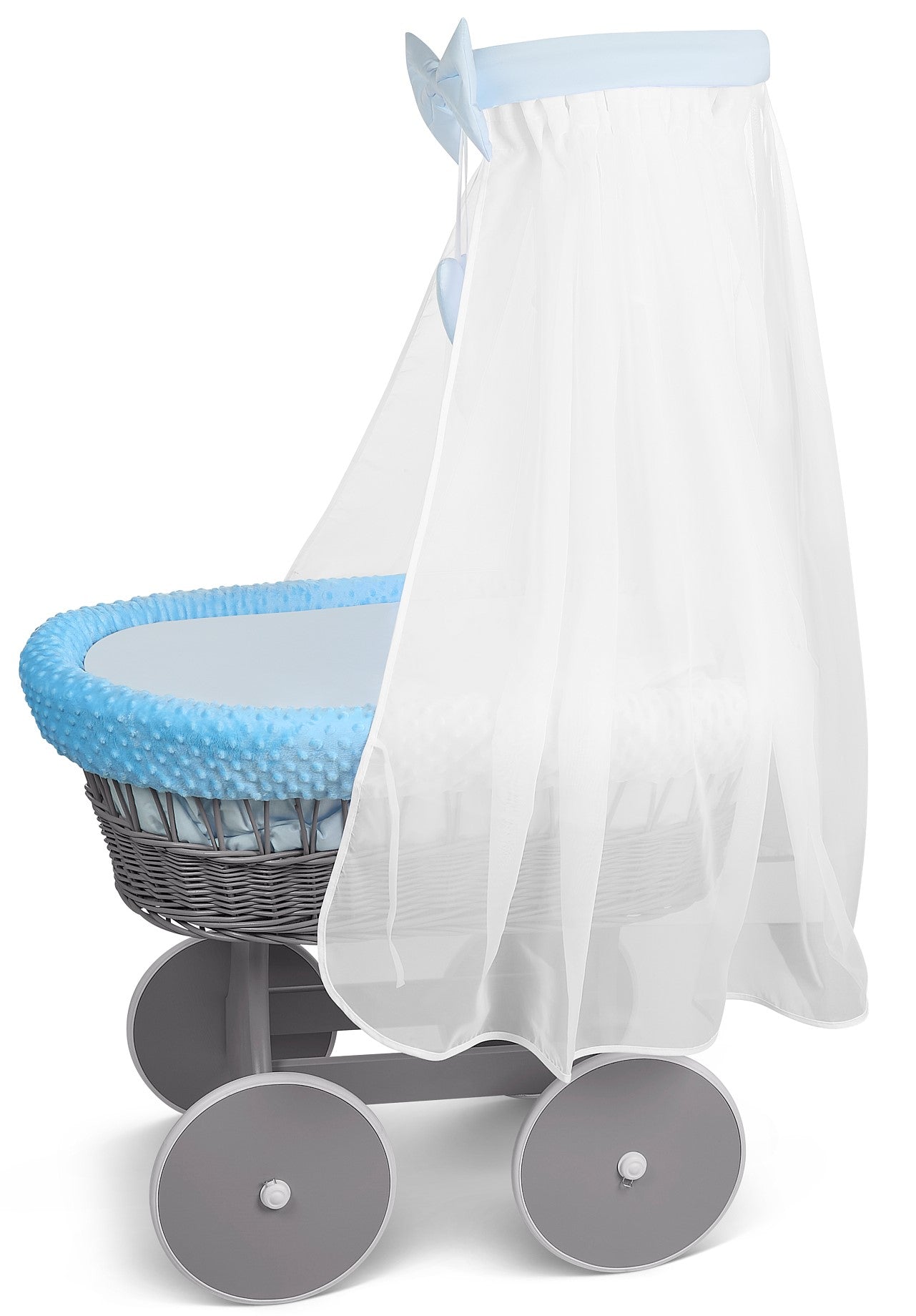 Wicker Grey Wheels Moses Basket Baby Blue