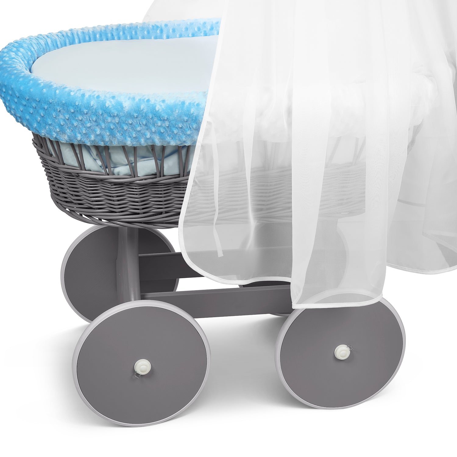 Wicker Grey Wheels Moses Basket Baby Blue