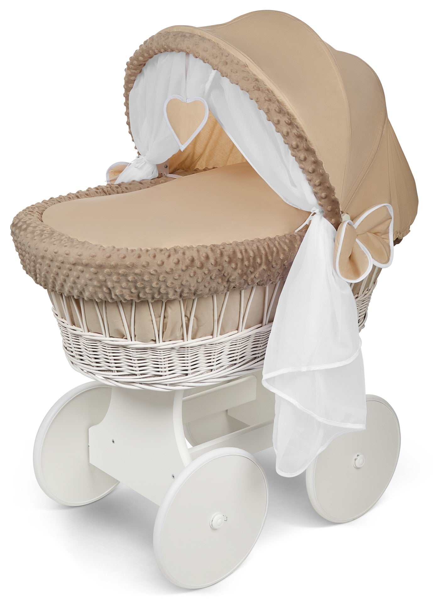 White Wicker Moses Basket Hood Wheels Baby Beige