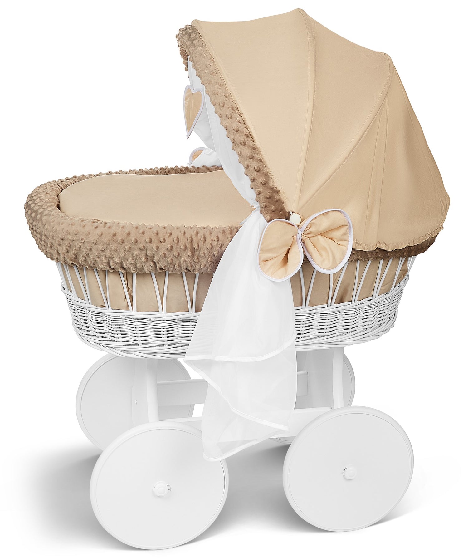 White Wicker Moses Basket Hood Wheels Baby Beige