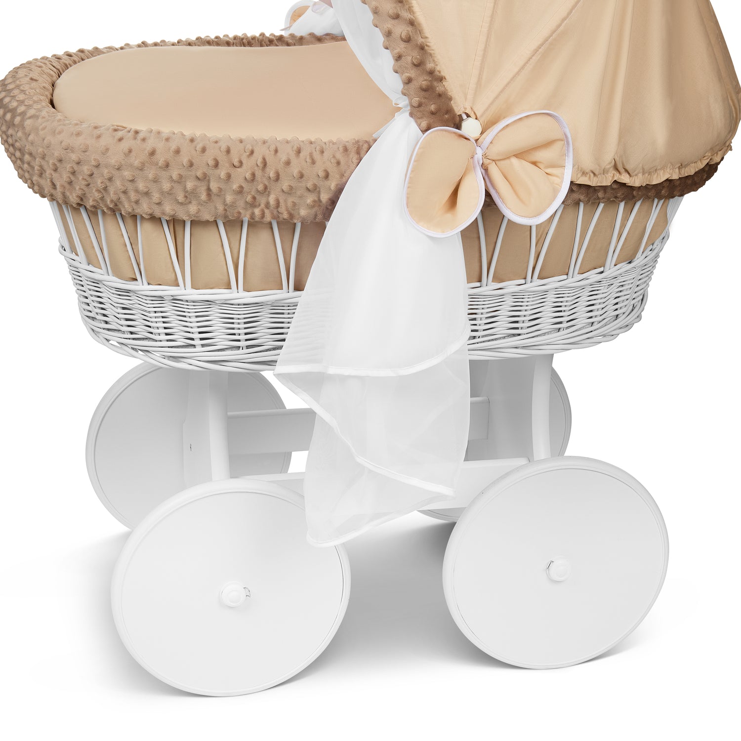White Wicker Moses Basket Hood Wheels Baby Beige