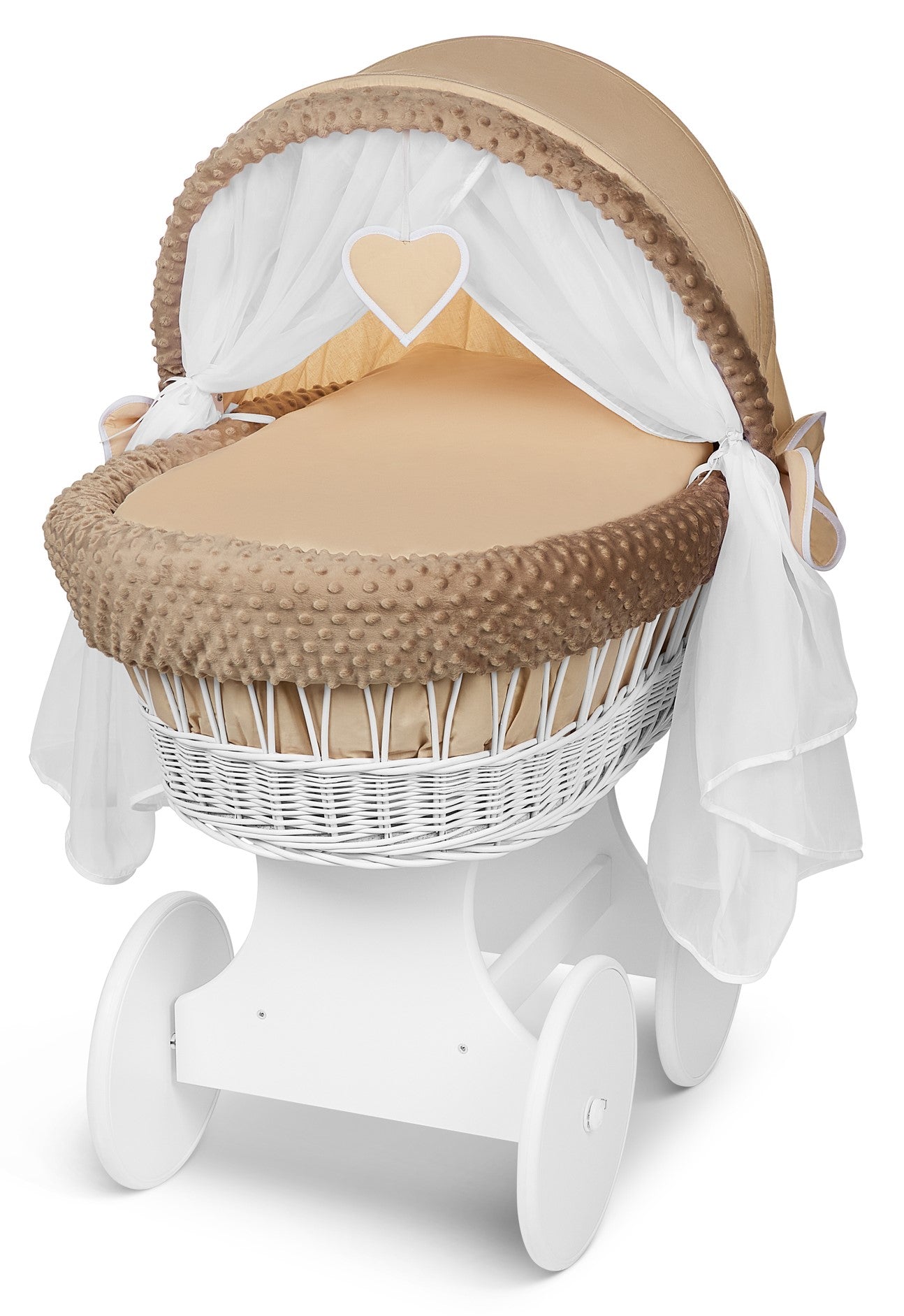 White Wicker Moses Basket Hood Wheels Baby Beige
