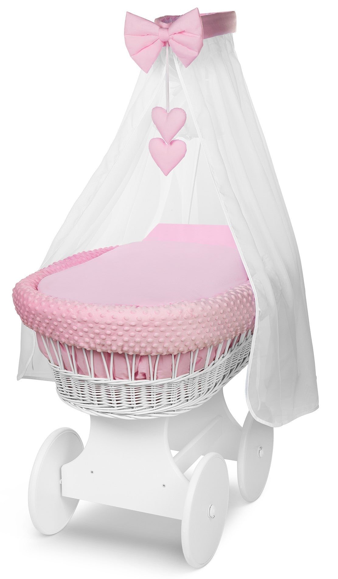 White Wicker Baby Moses Basket with Wheels Pink Bedding