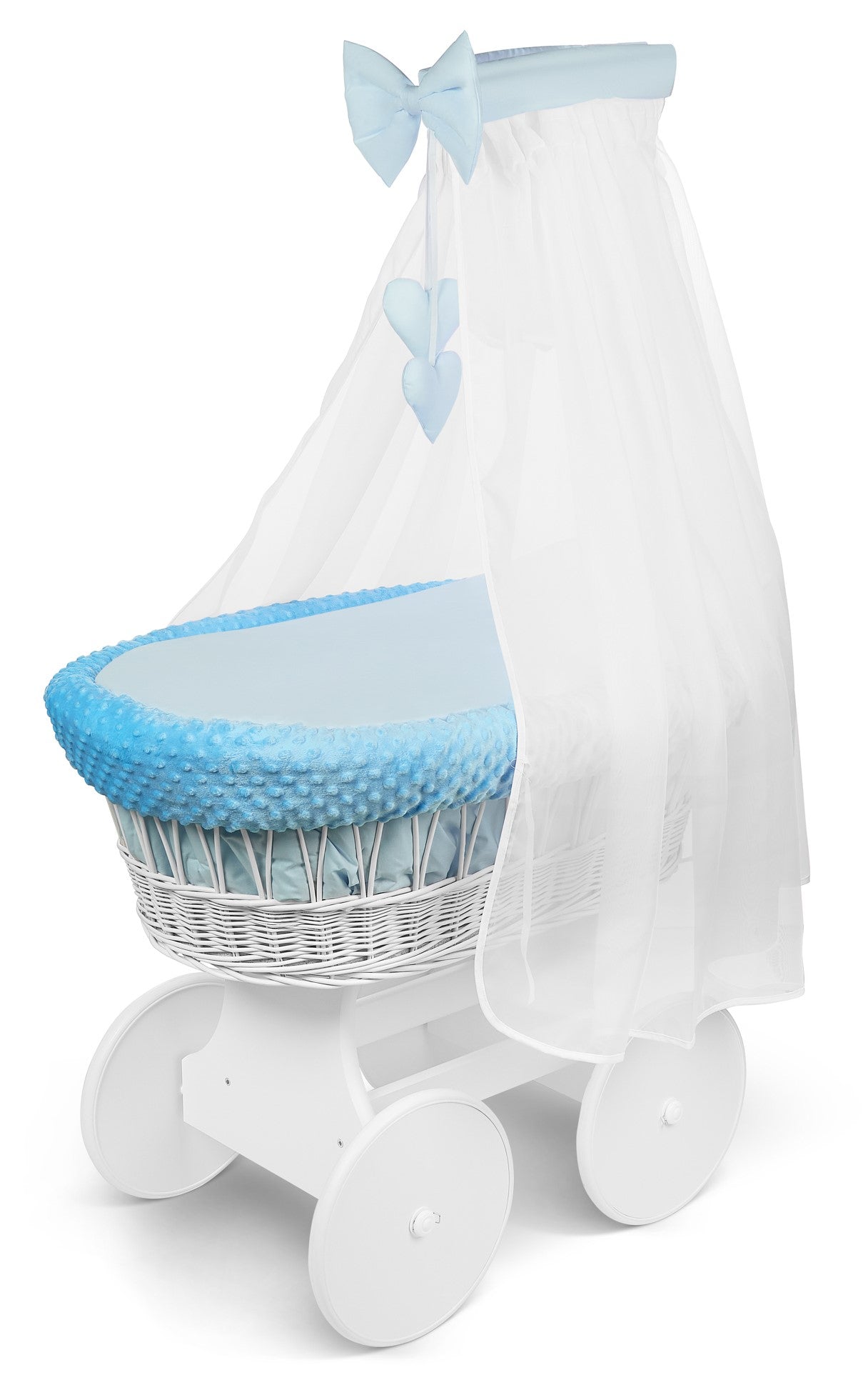 White Wicker Baby Moses Basket with Wheels Blue