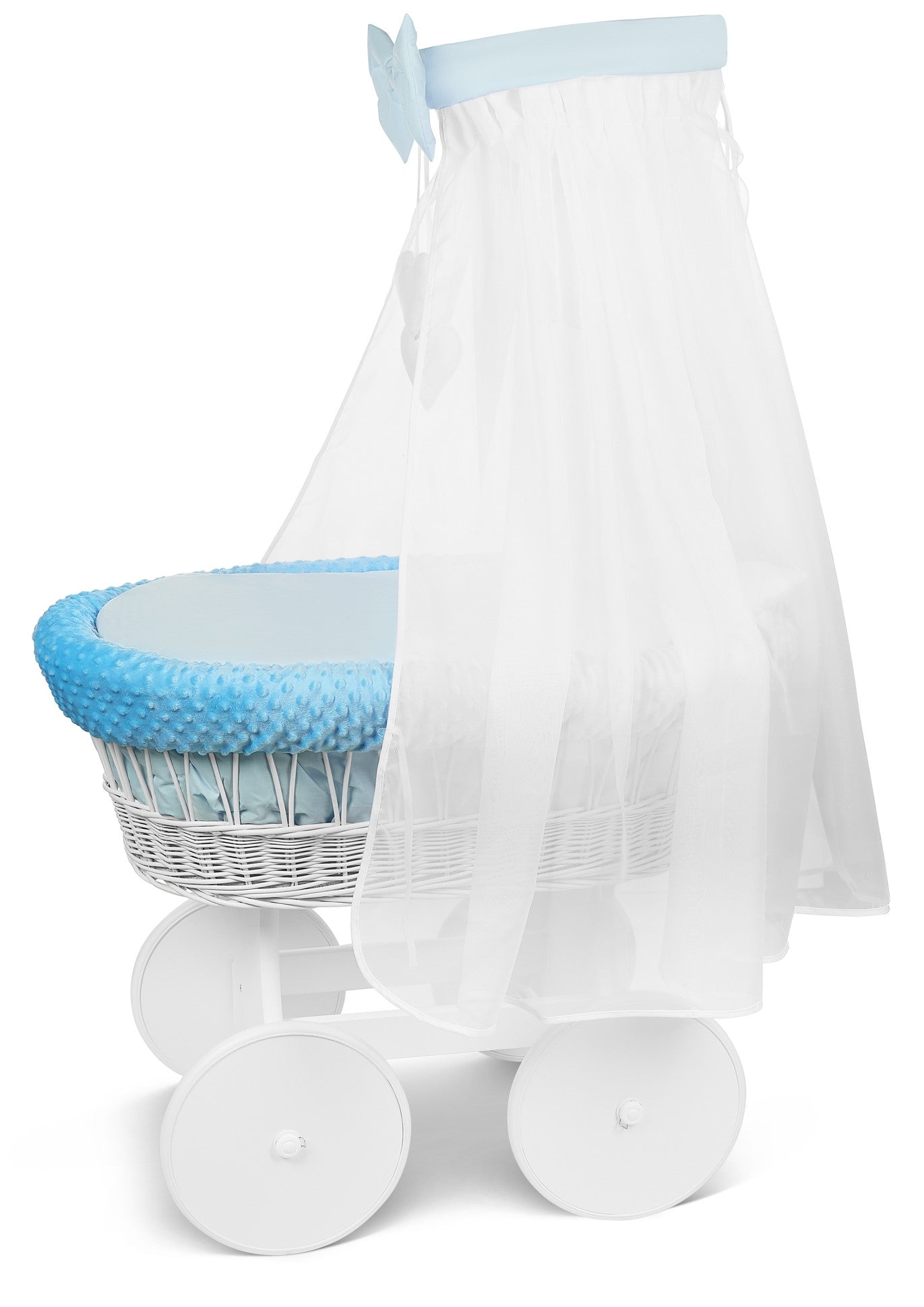 White Wicker Baby Moses Basket with Wheels Blue
