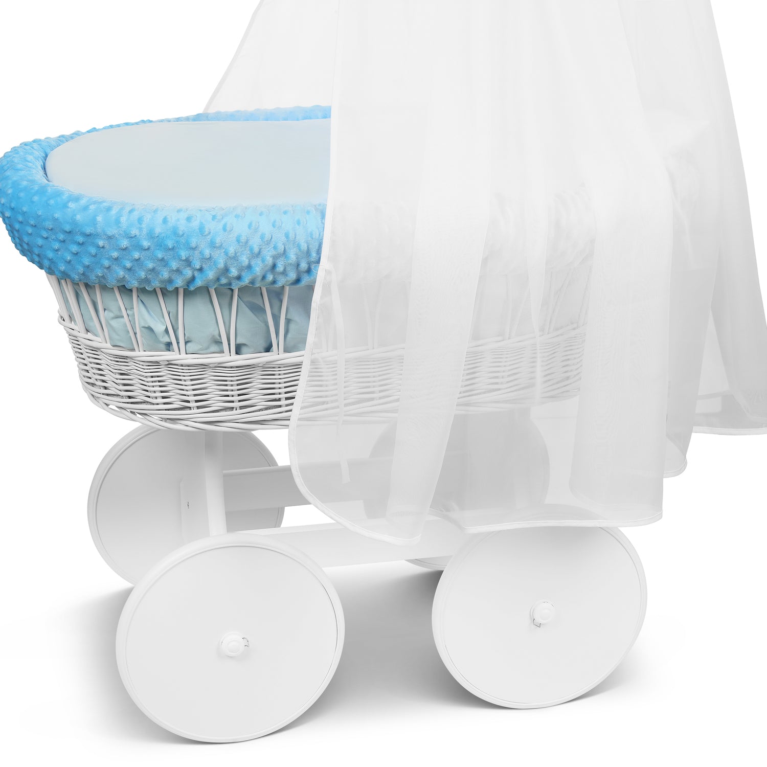 White Wicker Baby Moses Basket with Wheels Blue